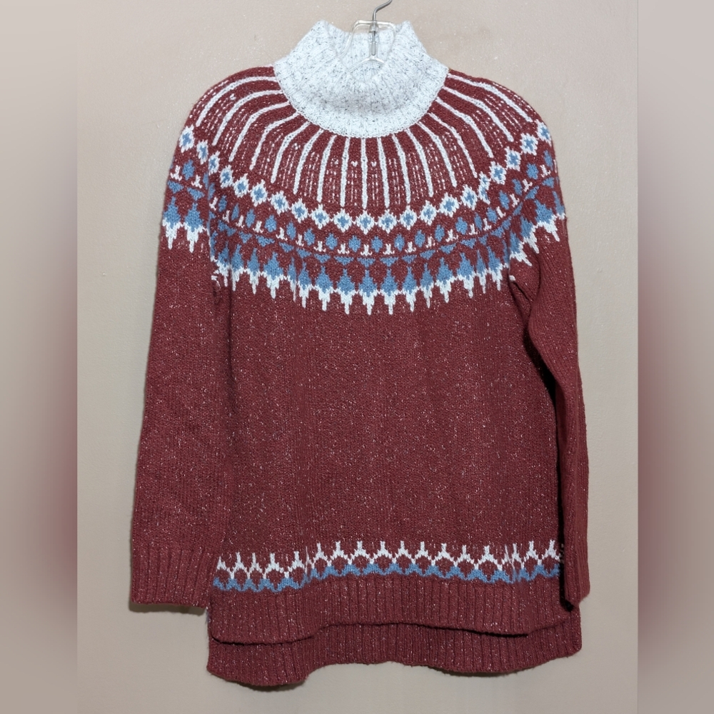 LL BEAN SIGNATURE Fair Isle Mock Neck Hilo Split Hem Knit Sweater Oversized M